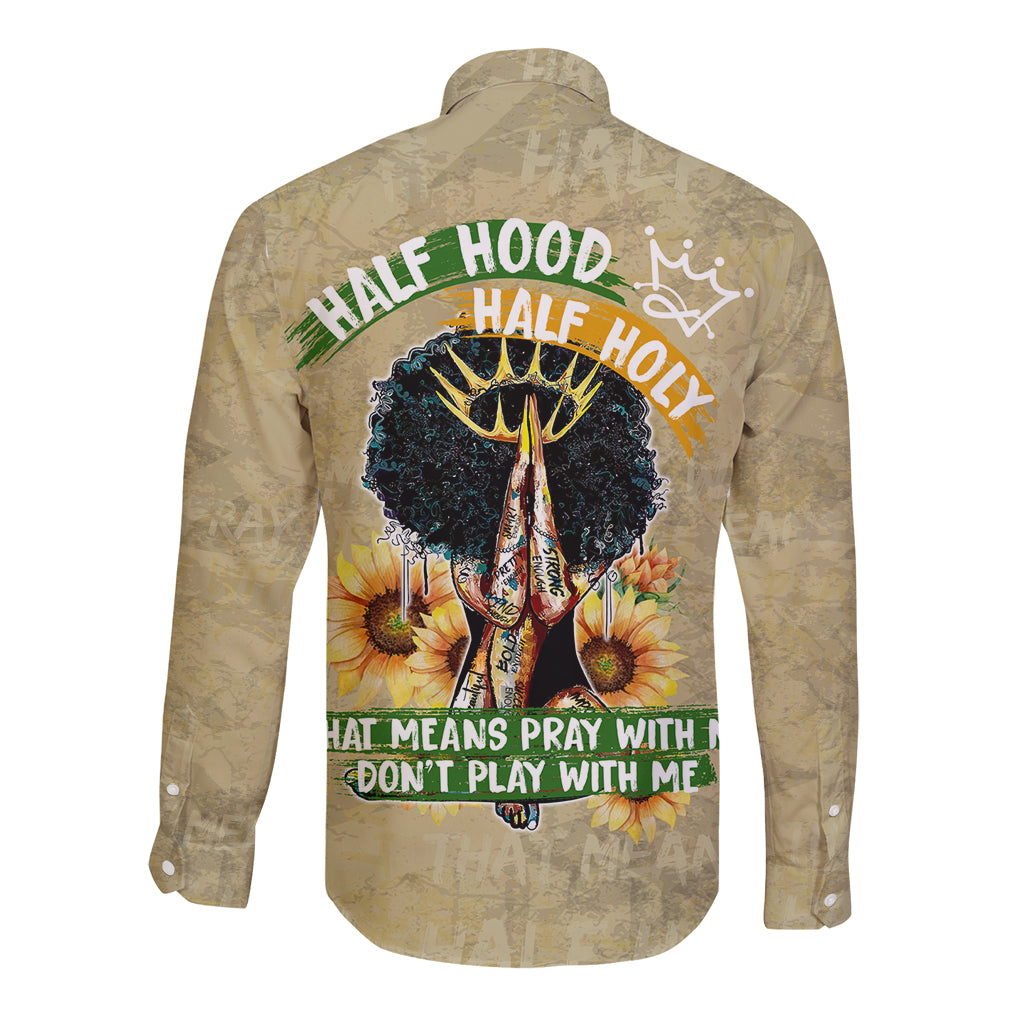 Beige long-sleeve button shirt back view with hood; half-hood half-holy print