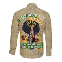 Beige long-sleeve button shirt back view with hood; half-hood half-holy print