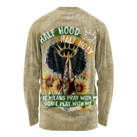 Beige long-sleeve shirt with back half-hood graphic, floral and text
