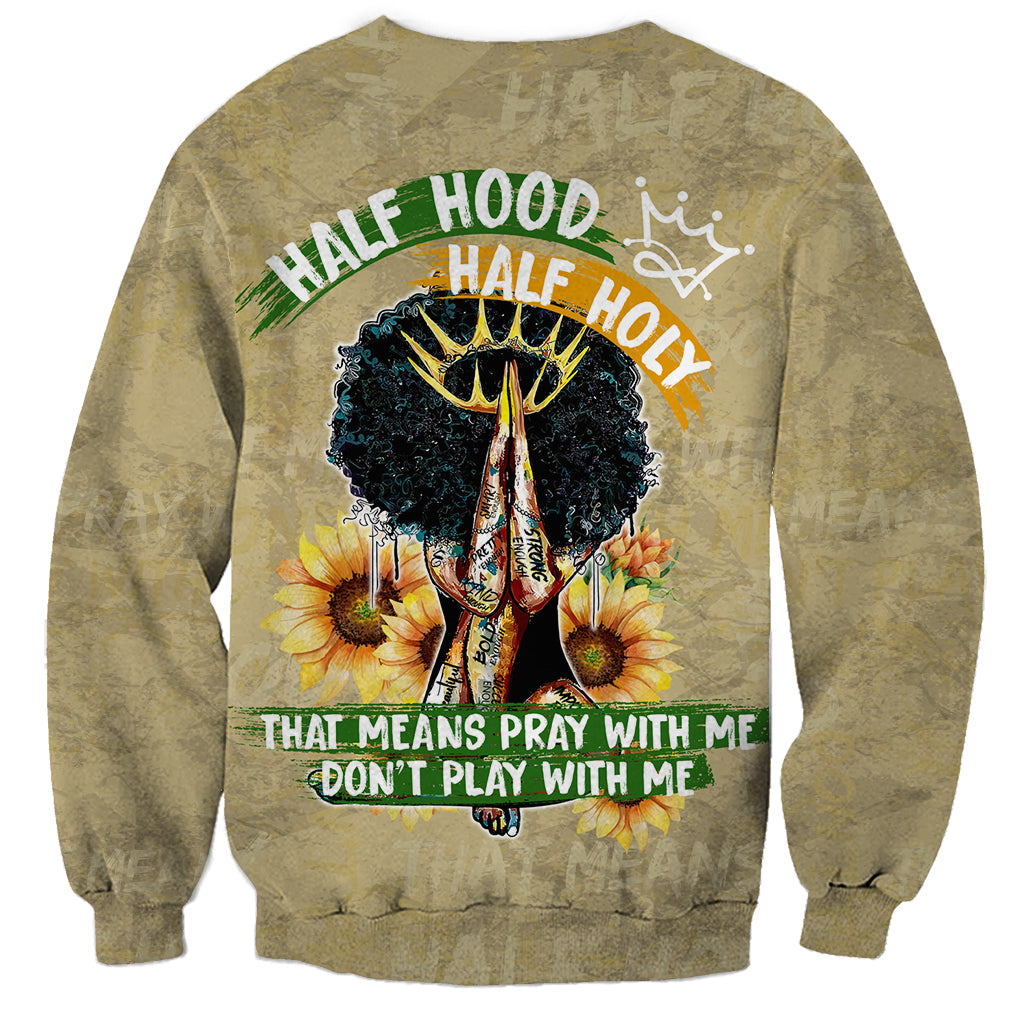 Beige crewneck sweatshirt with Half Hood Half Holy front print and praying figure