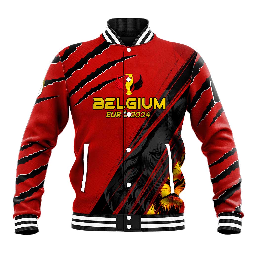 Red personalized baseball jacket with Belgium logo and EUR 2024 graphic, snap front