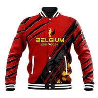 Red personalized baseball jacket with Belgium logo and EUR 2024 graphic, snap front