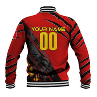 Red baseball jacket back with your name and 00, flame lion graphic, striped sleeves