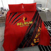 Red duvet cover with Belgium Euro 2024 logo, lion face graphic, and two pillowcases