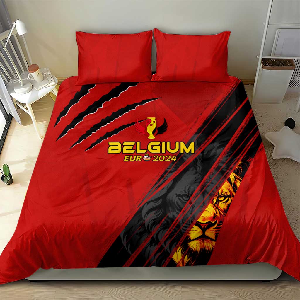 Red Belgium football bedding set with duvet and two pillowcases showing Euro 2024 lion