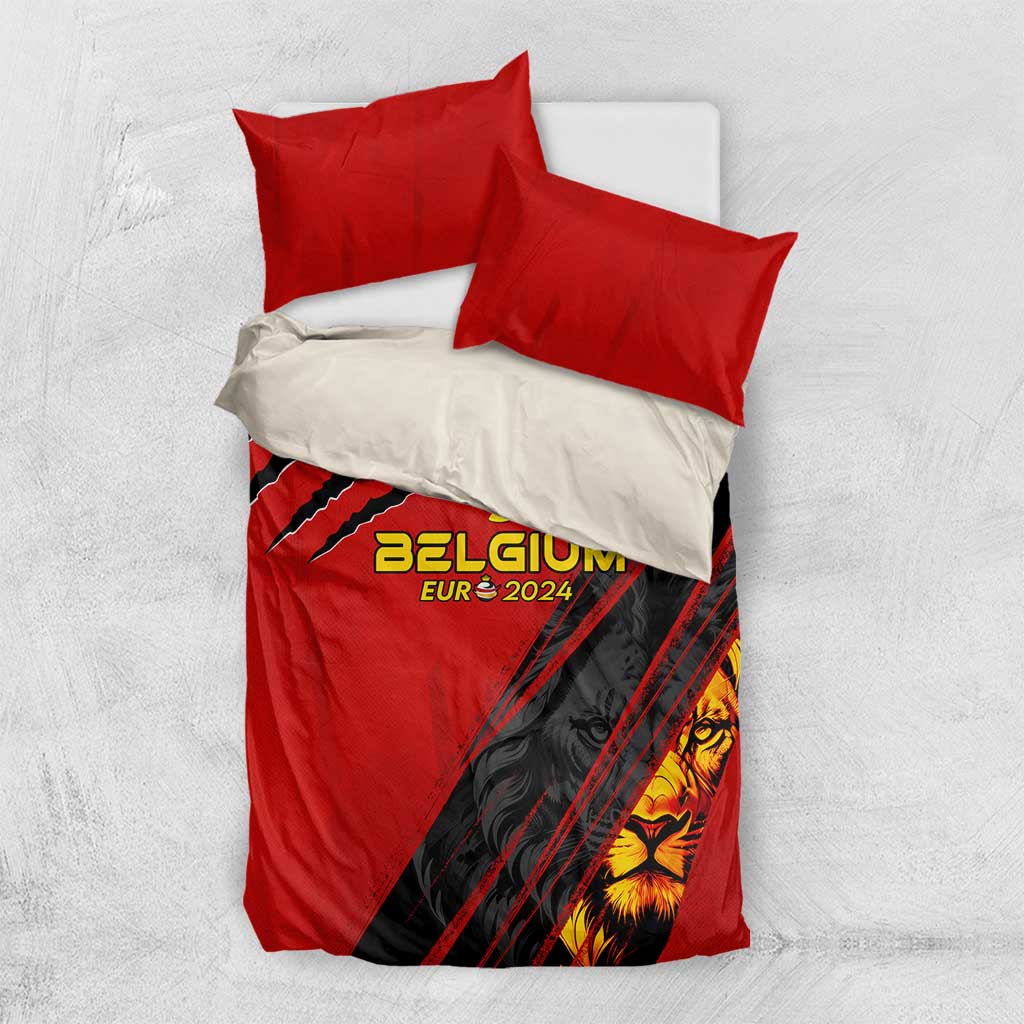 Red duvet cover with Belgium Euro 2024 lion graphic and two red pillowcases