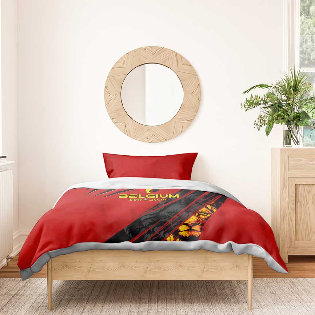 Red duvet cover with Belgium Euro 2024 print and lion emblem, plus matching pillowcases