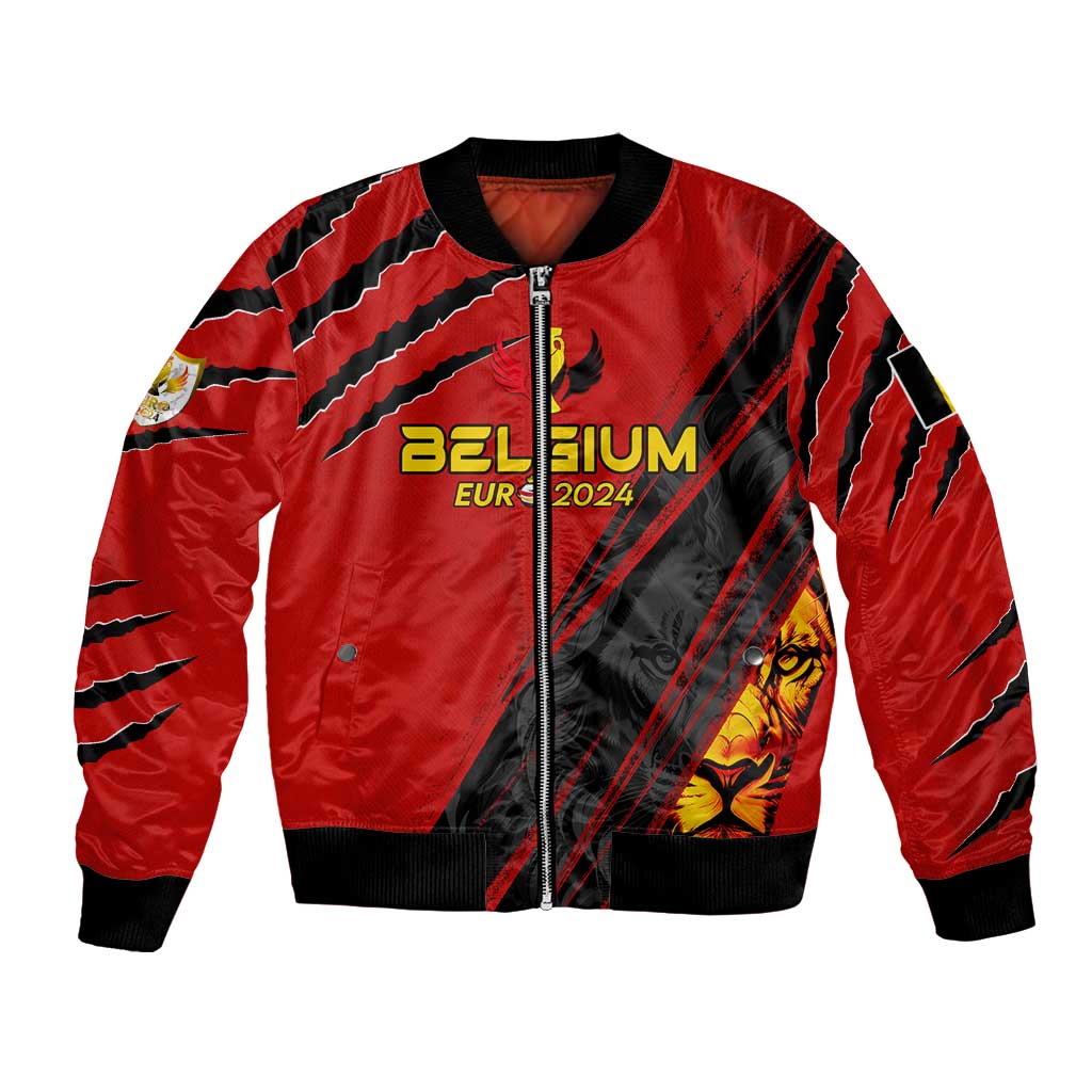 Red unisex bomber jacket with Belgium 2024 graphic and trophy wing style front zip