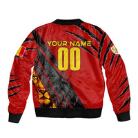 Red unisex bomber jacket with YOUR NAME and 00 on back, front zip
