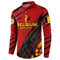 Red button sweatshirt with Belgium crest and BEGLIUM EUR 2024 front graphic, diagonal black design