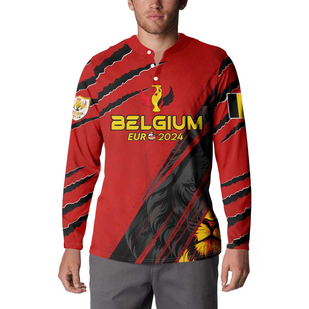 Red button sweatshirt with front Belgium graphic and black/red stripe sleeves, worn by model