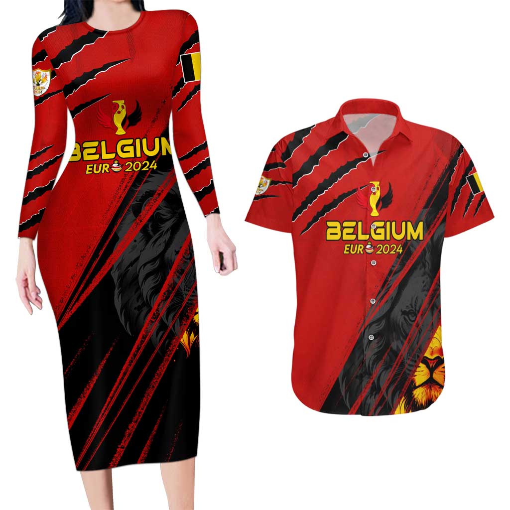 Personalized Belgium Football 2024 Couples Matching Long Sleeve Bodycon Dress and Hawaiian Shirt Trophy Wing Style - Wonder Print Shop