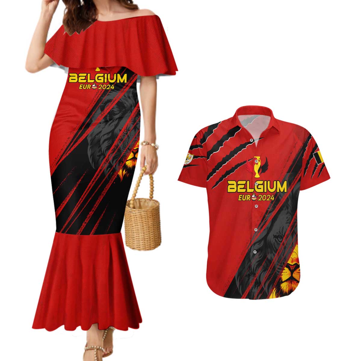 Personalized Belgium Football 2024 Couples Matching Mermaid Dress and Hawaiian Shirt Trophy Wing Style - Wonder Print Shop