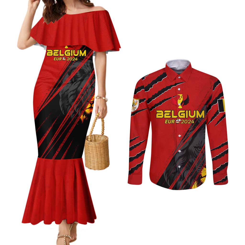 Personalized Belgium Football 2024 Couples Matching Mermaid Dress and Long Sleeve Button Shirt Trophy Wing Style