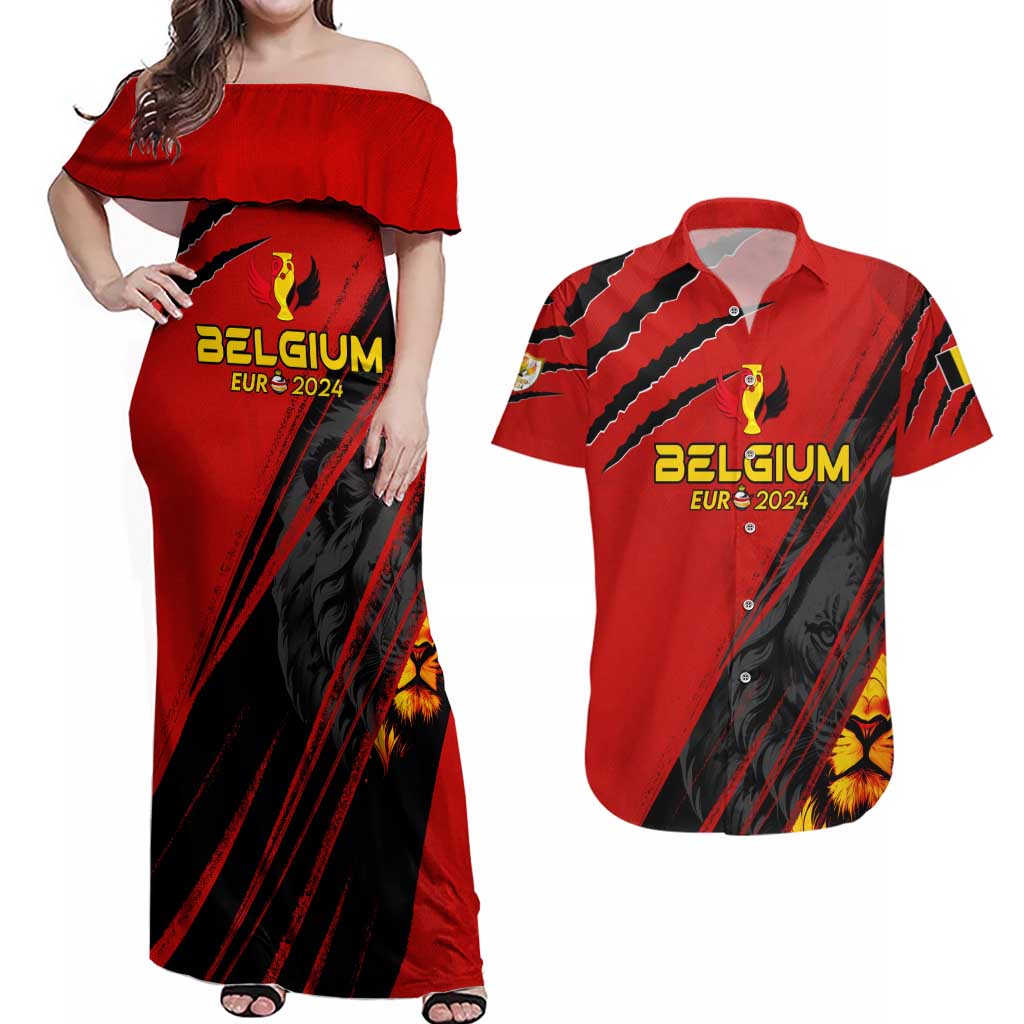 Personalized Belgium Football 2024 Couples Matching Off Shoulder Maxi Dress and Hawaiian Shirt Trophy Wing Style - Wonder Print Shop