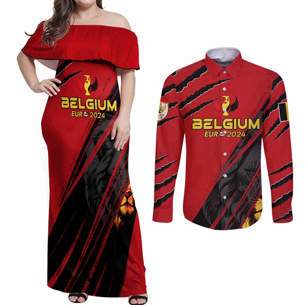 Personalized Belgium Football 2024 Couples Matching Off Shoulder Maxi Dress and Long Sleeve Button Shirt Trophy Wing Style - Wonder Print Shop