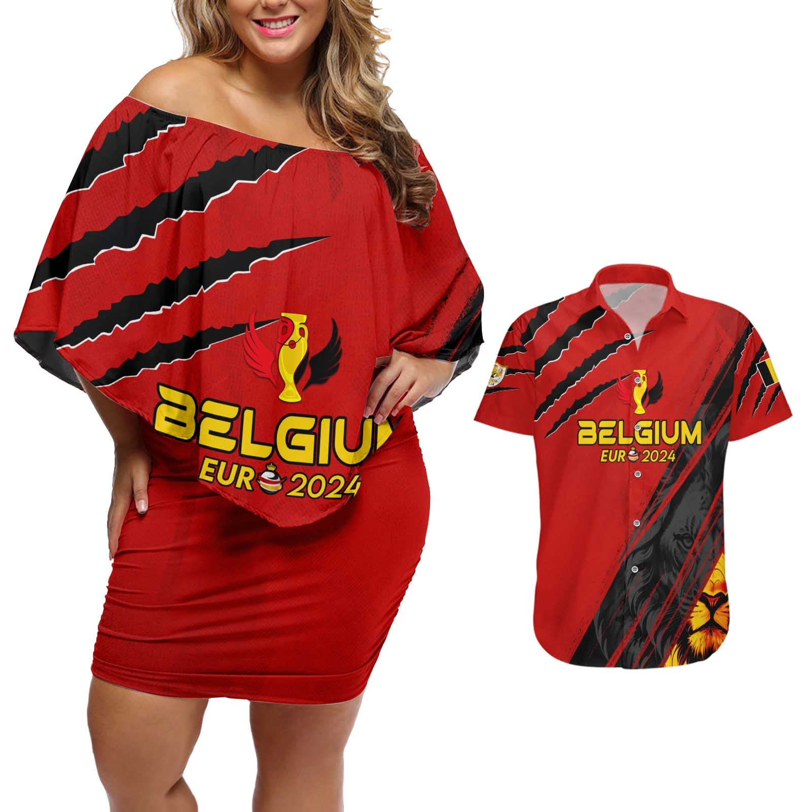 Personalized Belgium Football 2024 Couples Matching Off Shoulder Short Dress and Hawaiian Shirt Trophy Wing Style - Wonder Print Shop