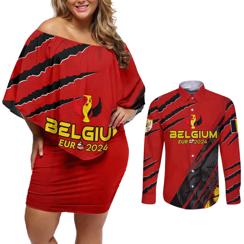 Personalized Belgium Football 2024 Couples Matching Off Shoulder Short Dress and Long Sleeve Button Shirt Trophy Wing Style - Wonder Print Shop