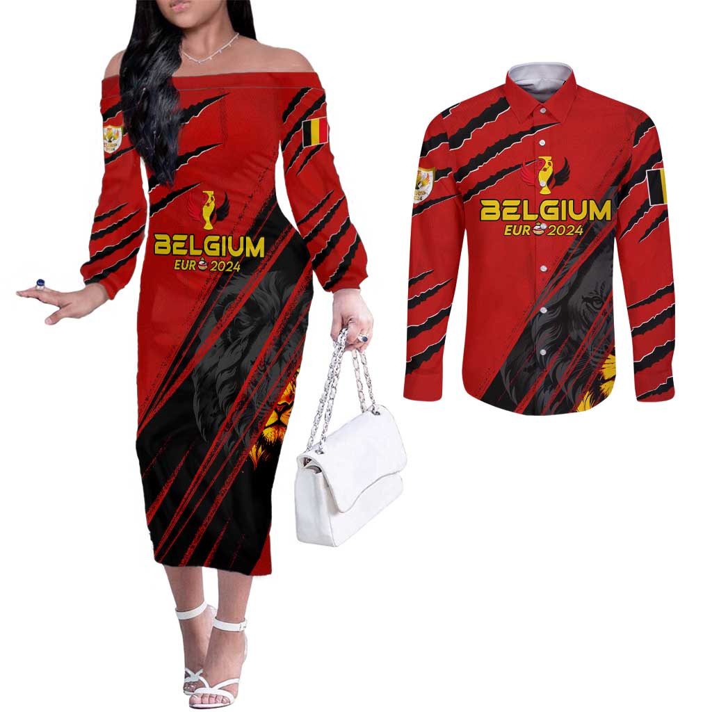 Personalized Belgium Football 2024 Couples Matching Off The Shoulder Long Sleeve Dress and Long Sleeve Button Shirt Trophy Wing Style