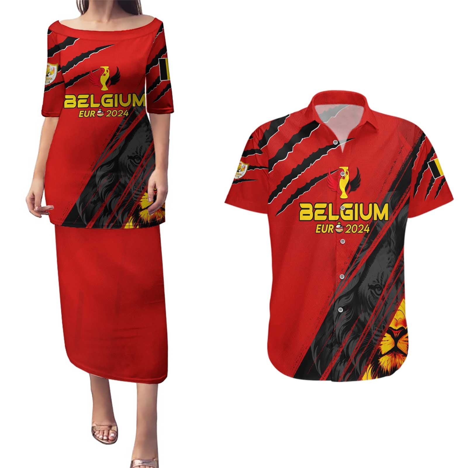 Personalized Belgium Football 2024 Couples Matching Puletasi and Hawaiian Shirt Trophy Wing Style - Wonder Print Shop