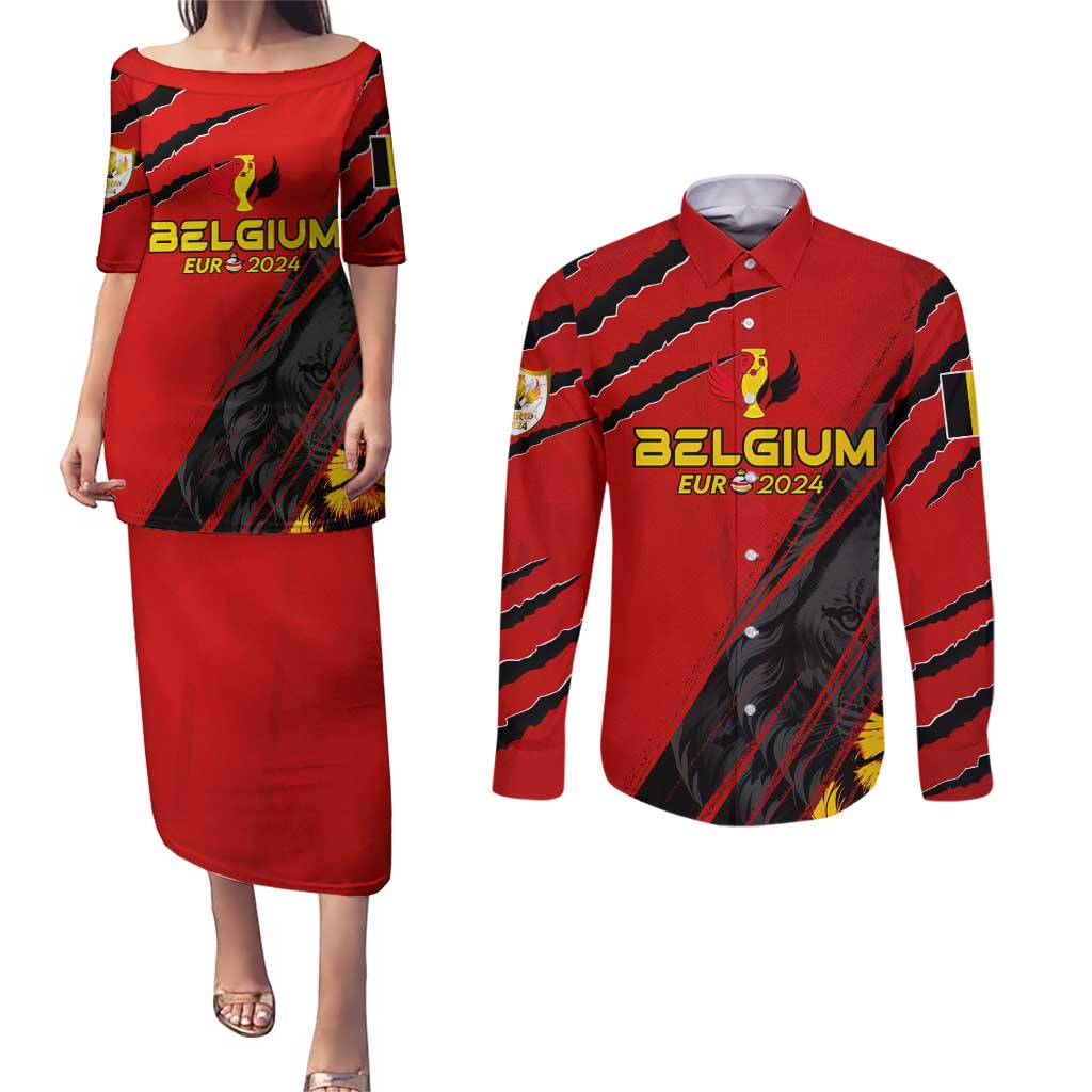 Personalized Belgium Football 2024 Couples Matching Puletasi and Long Sleeve Button Shirt Trophy Wing Style - Wonder Print Shop