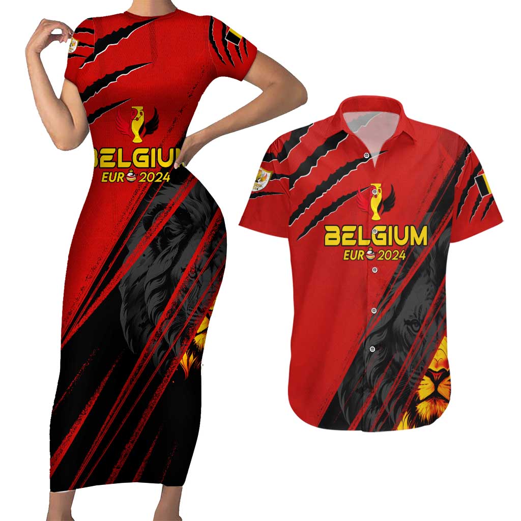 Personalized Belgium Football 2024 Couples Matching Short Sleeve Bodycon Dress and Hawaiian Shirt Trophy Wing Style - Wonder Print Shop