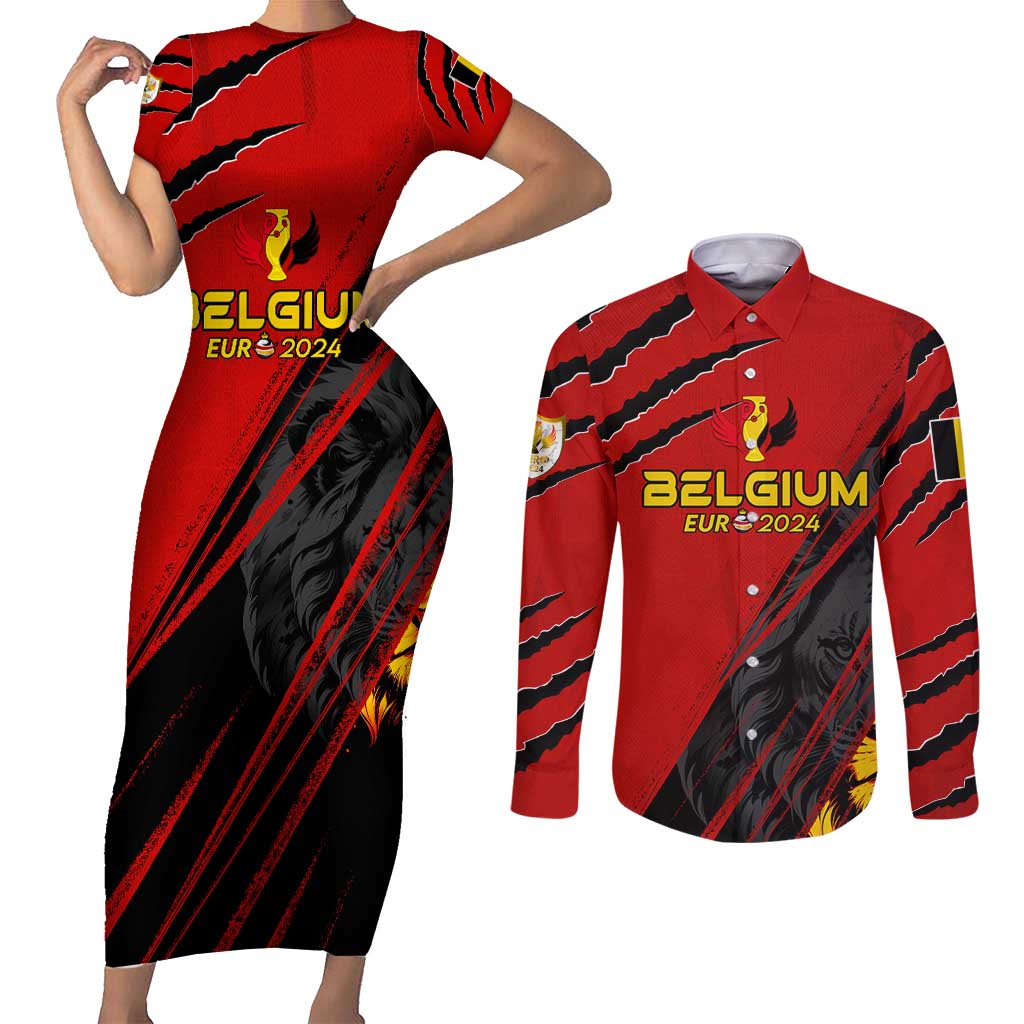 Personalized Belgium Football 2024 Couples Matching Short Sleeve Bodycon Dress and Long Sleeve Button Shirt Trophy Wing Style - Wonder Print Shop