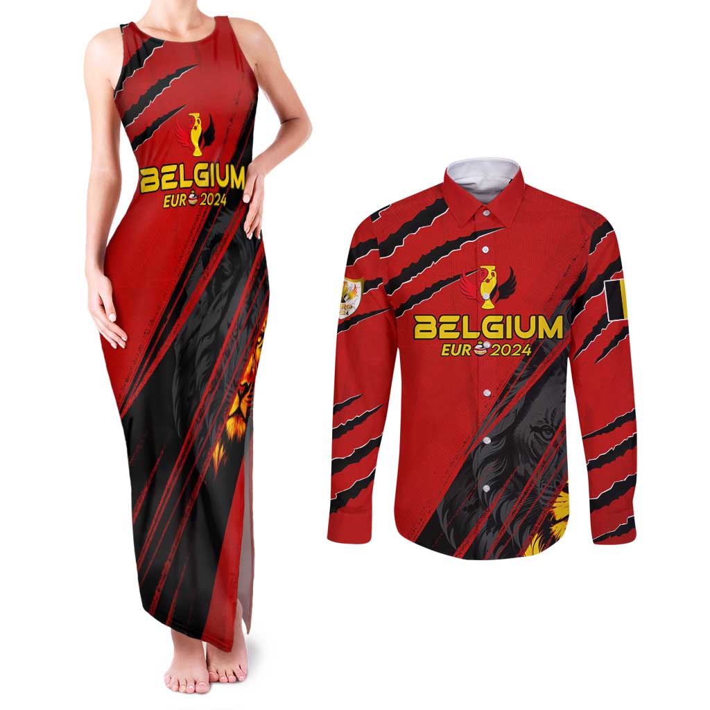 Personalized Belgium Football 2024 Couples Matching Tank Maxi Dress and Long Sleeve Button Shirt Trophy Wing Style - Wonder Print Shop