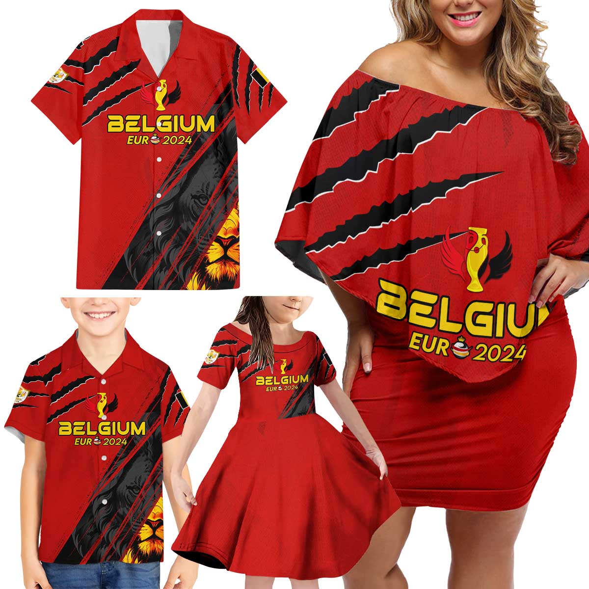 Personalized Belgium Football 2024 Family Matching Off Shoulder Short Dress and Hawaiian Shirt Trophy Wing Style - Wonder Print Shop