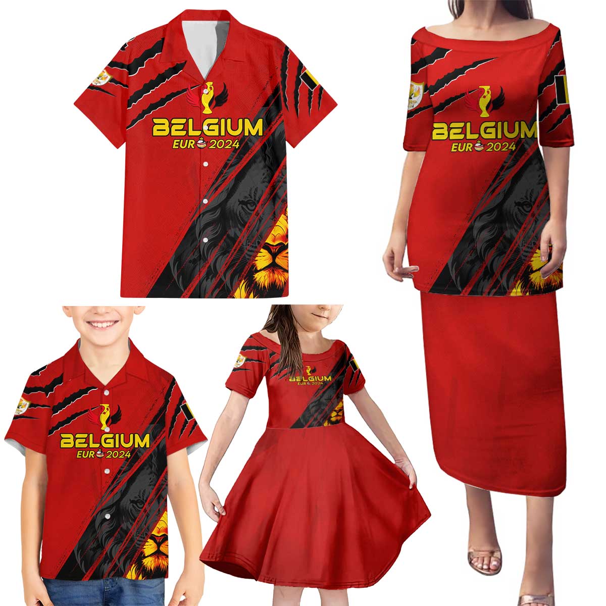 Personalized Belgium Football 2024 Family Matching Puletasi and Hawaiian Shirt Trophy Wing Style - Wonder Print Shop