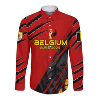 Red long-sleeve button football shirt with black stripes, Belgium crest, BELGIUM and EUR 2024 text.