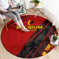 Red round Belgium EUR 2024 football rug with black stripes, crest center, curved view