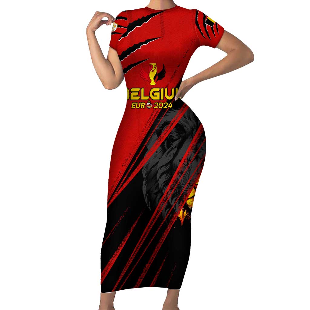 Personalized Belgium Football 2024 Short Sleeve Bodycon Dress Trophy Wing Style - Wonder Print Shop