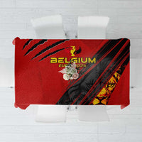 Red and black football-themed tablecloth with Belgium text and lion emblem