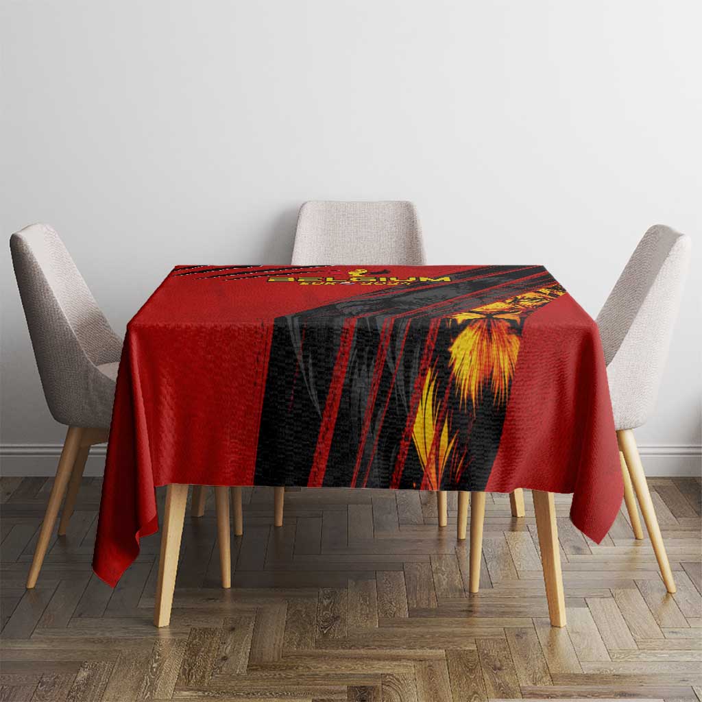 Red tablecloth with black stripes and lion graphic, trophy wing design