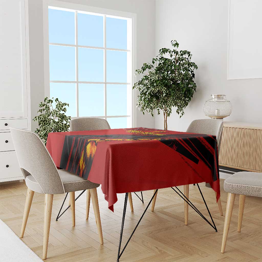 Red football tablecloth with black stripes and lion centerpiece design