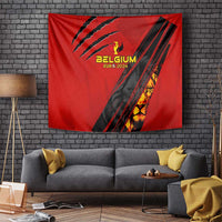 Red wall-hanging tapestry featuring Belgium EUR 2024 text, crest, black diagonal stripes