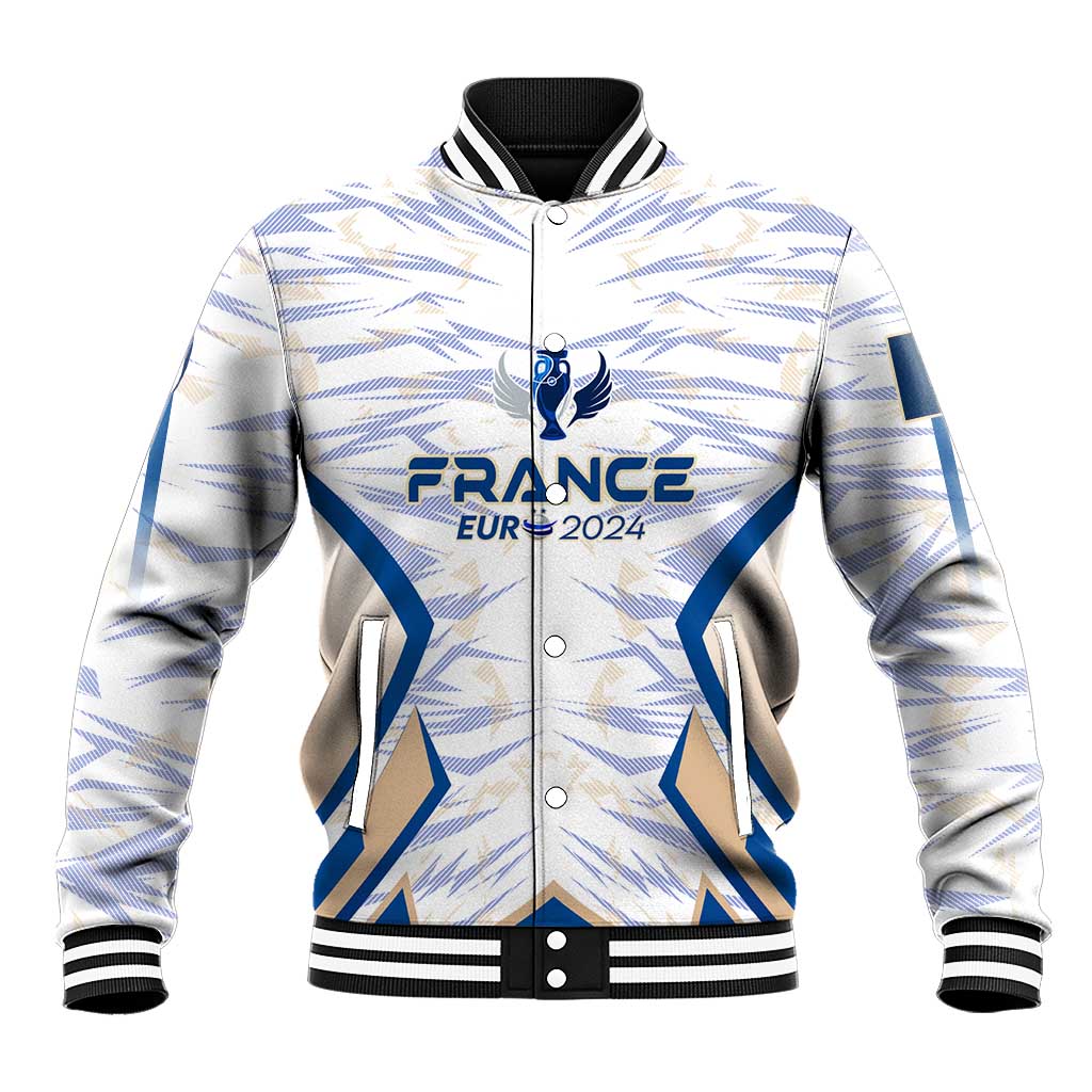 White baseball varsity jacket with France Eur 2024 crest, snap buttons, ribbed hem