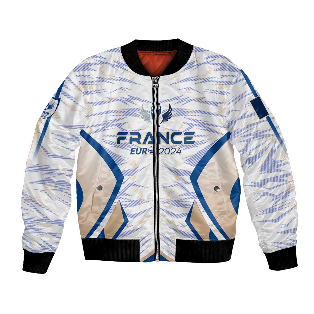 White bomber jacket with front zipper, 'FRANCE EURO 2024' print, blue wing graphics