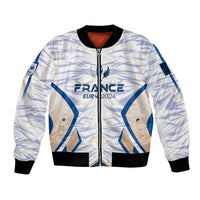 White bomber jacket with front zipper, 'FRANCE EURO 2024' print, blue wing graphics