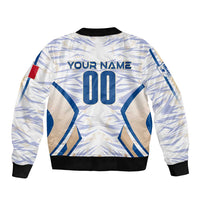 Personalized white bomber jacket with blue graphics, ribbed cuffs, 'YOUR NAME' and 00