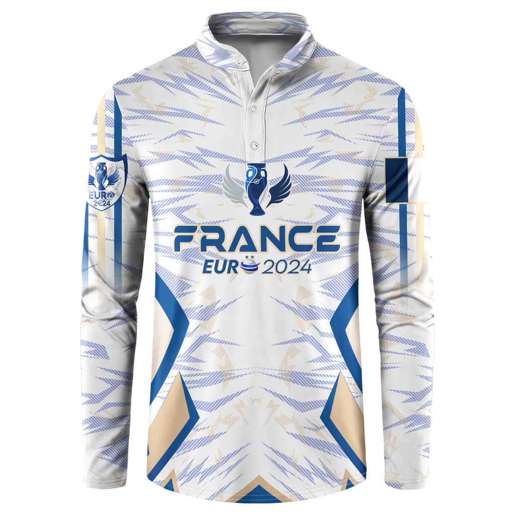 White France soccer button sweatshirt with crest and 'Eur 2024' graphic