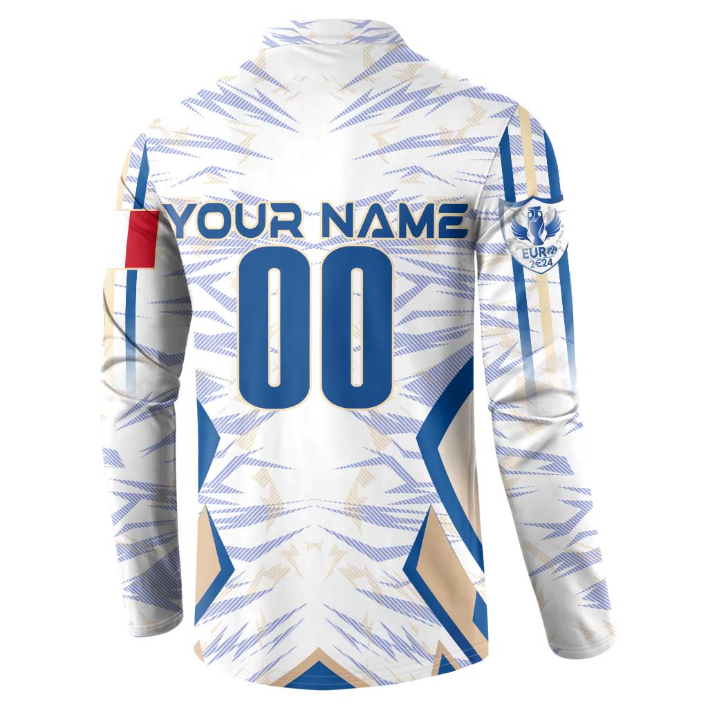 White soccer button sweatshirt back with 'YOUR NAME' and number 00 print