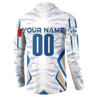 White soccer button sweatshirt back with 'YOUR NAME' and number 00 print