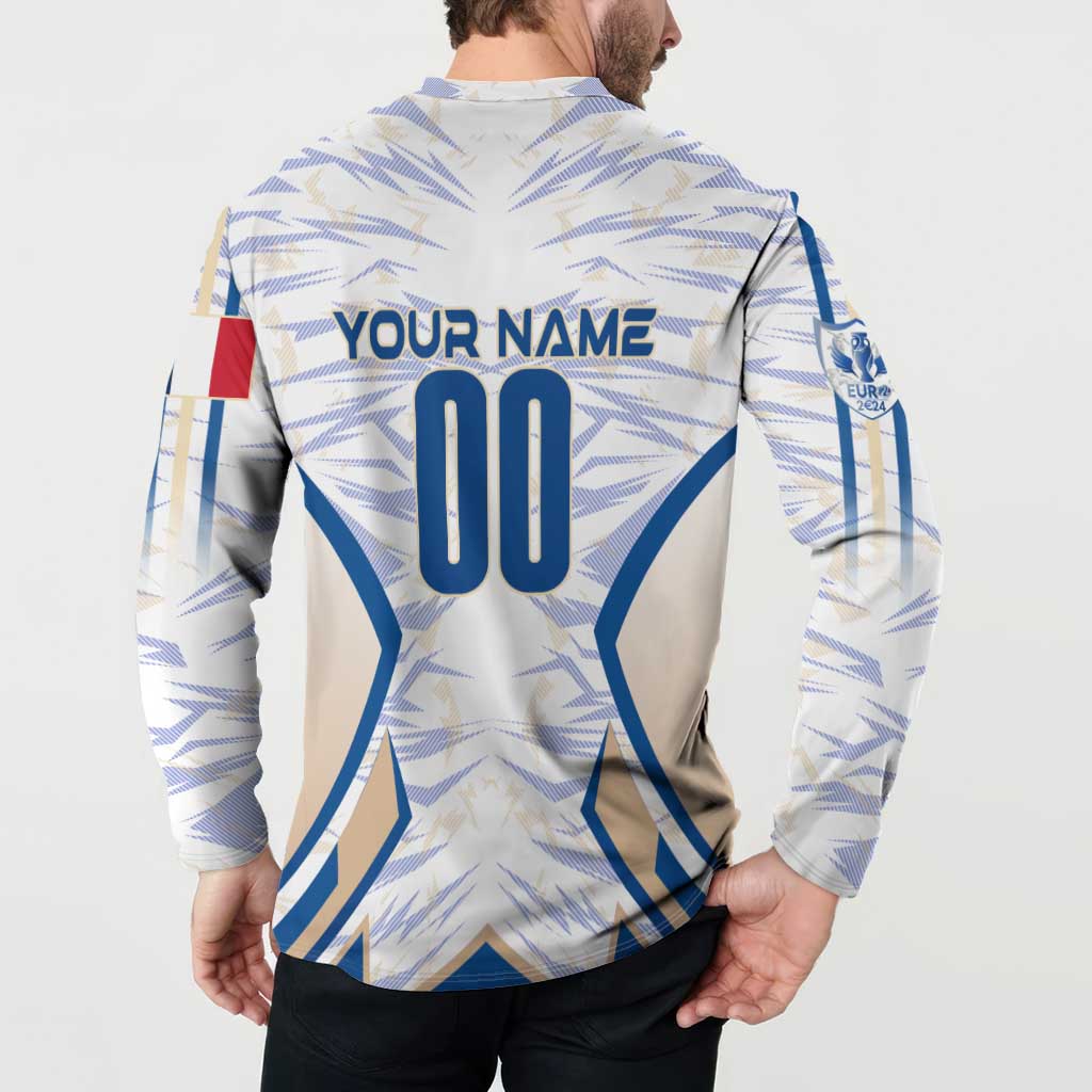 White soccer button sweatshirt back view with 'YOUR NAME' and number 00