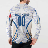White soccer button sweatshirt back view with 'YOUR NAME' and number 00