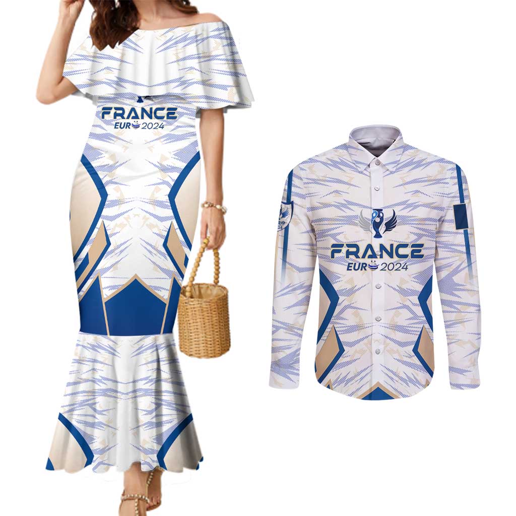 Personalized France Football 2024 Couples Matching Mermaid Dress and Long Sleeve Button Shirt Trophy Wing Style