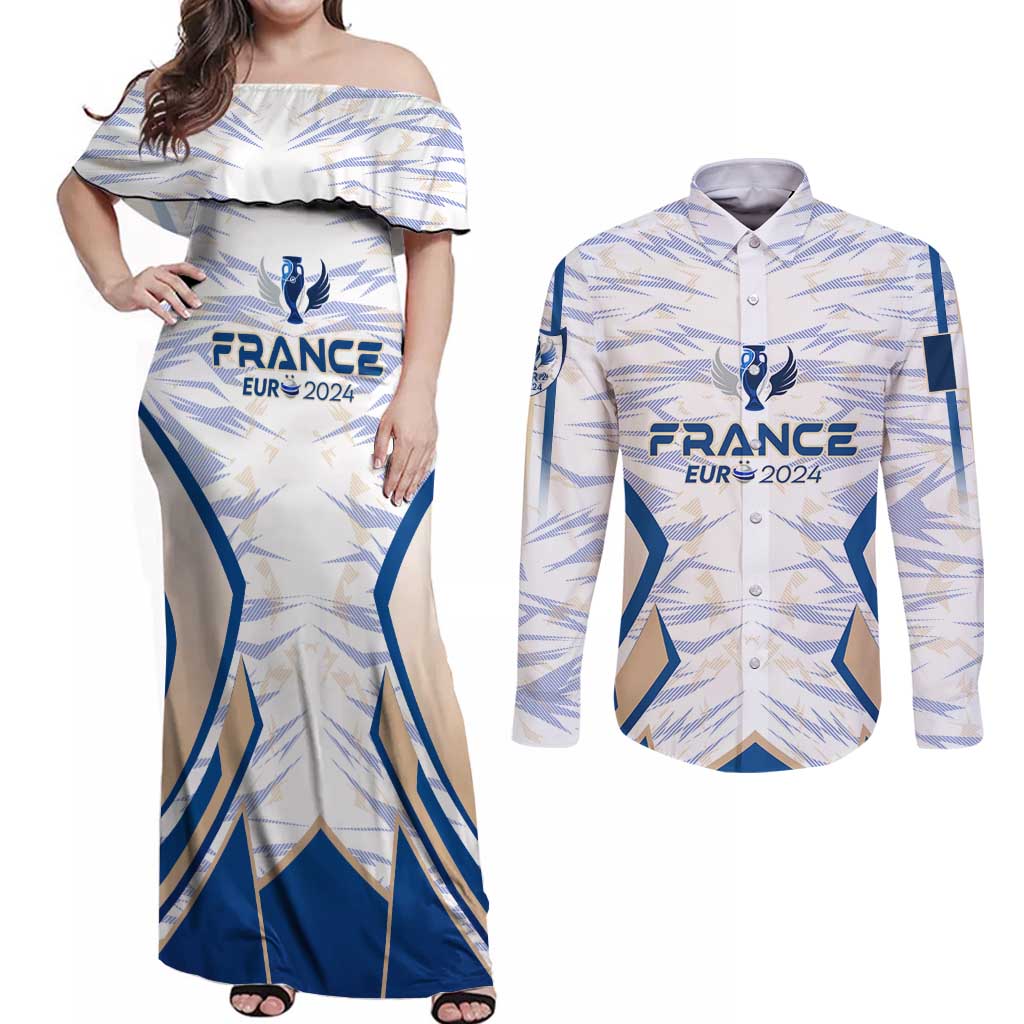 Personalized France Football 2024 Couples Matching Off Shoulder Maxi Dress and Long Sleeve Button Shirt Trophy Wing Style - Wonder Print Shop