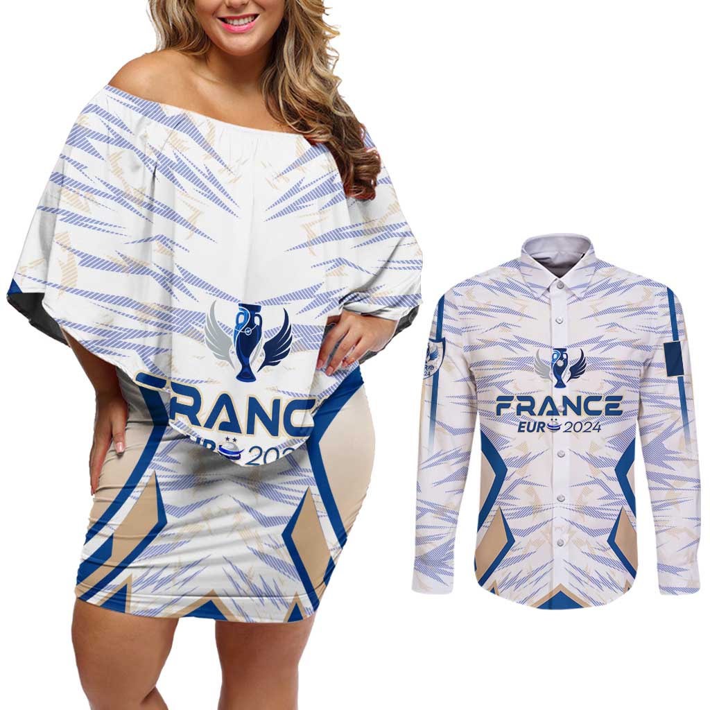 Personalized France Football 2024 Couples Matching Off Shoulder Short Dress and Long Sleeve Button Shirt Trophy Wing Style - Wonder Print Shop