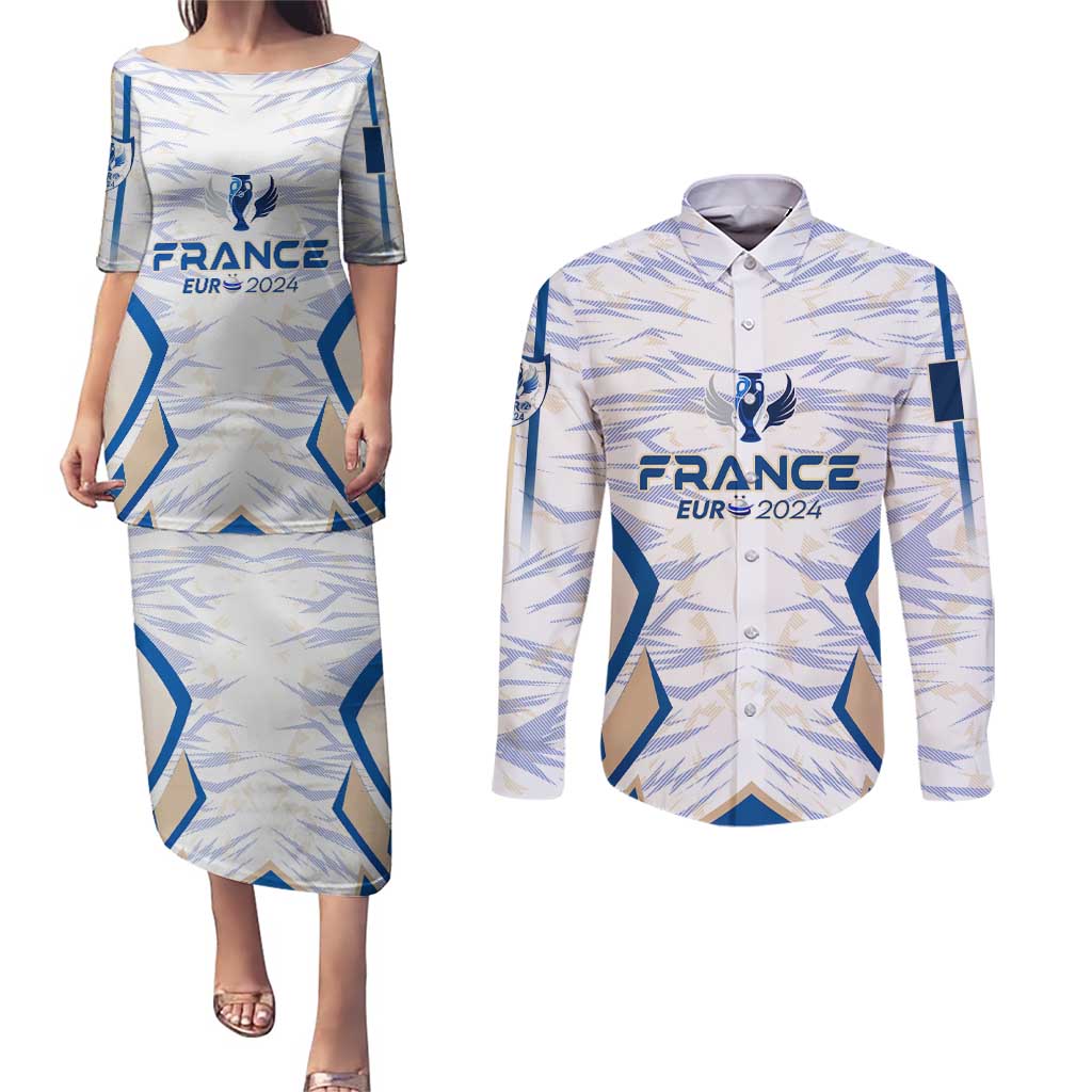 Personalized France Football 2024 Couples Matching Puletasi and Long Sleeve Button Shirt Trophy Wing Style - Wonder Print Shop